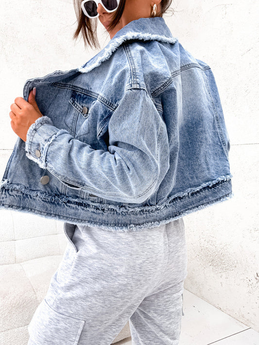 Loose Fit Denim Jacket with Suit Collar for Women