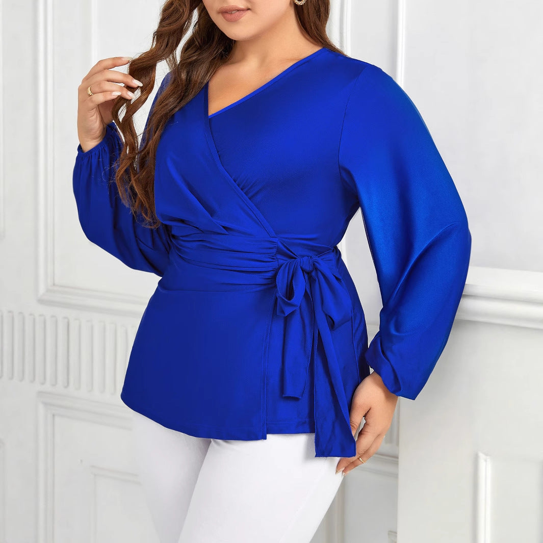 Trendy V-Neck Tie Long Sleeve Plus Size Women's Blouse