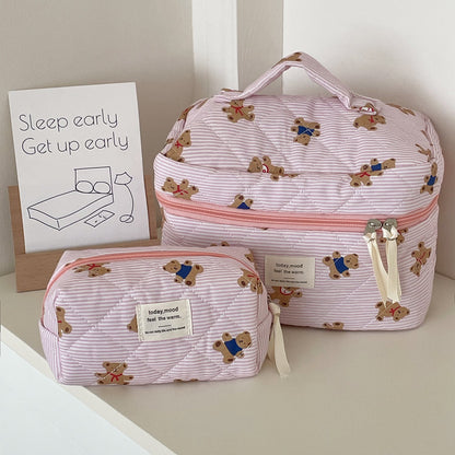 Cute Pink Striped Bear Makeup Bag Portable Cartoon Toiletry Pouch
