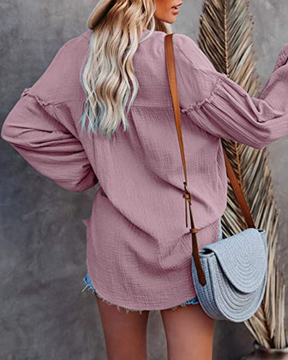 Solid Color Mosaic Lantern Sleeve Button V-Neck Casual Shirt Woman