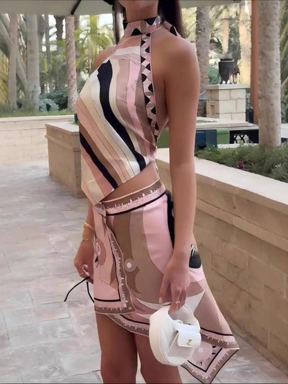 Sexy Satin Halter Neck Backless Top With Irregular Skirt And Shorts Set
