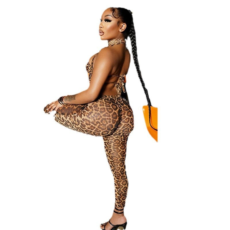 Trendy Leopard Print Two-Piece Set Sexy Crop Top And Long Pants