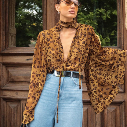 Animal Print Mesh Collar Long Sleeve Blouse