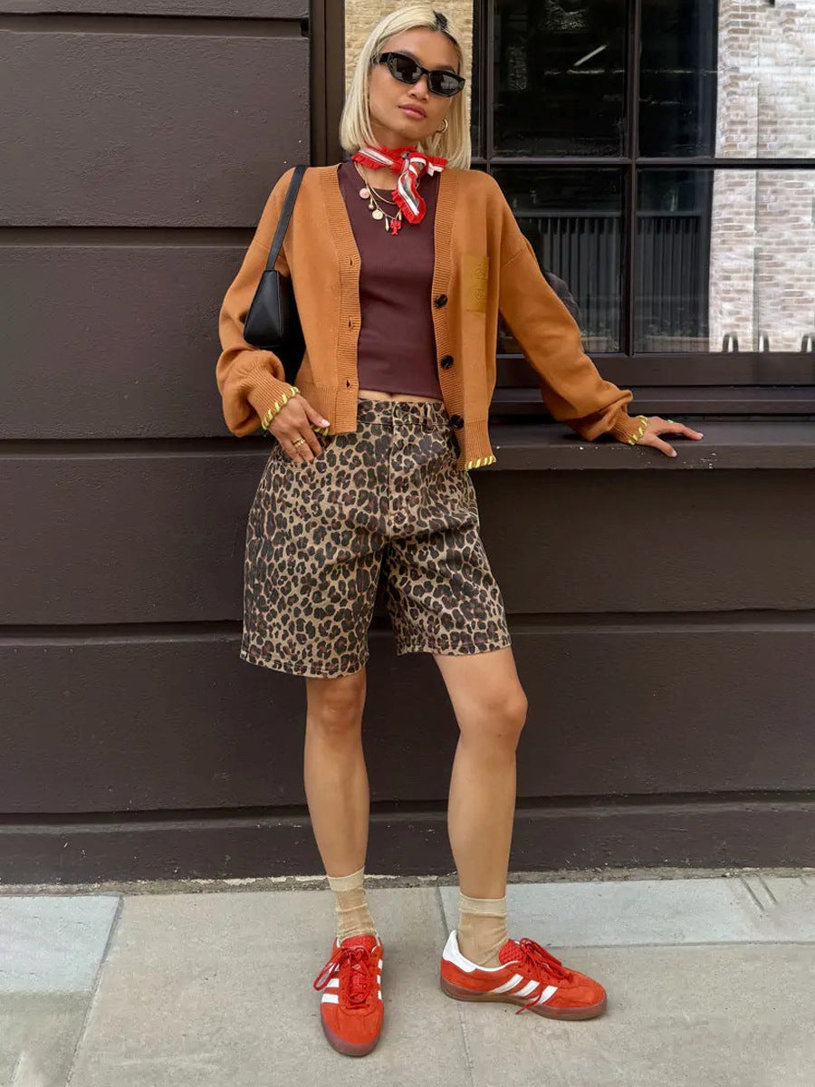 Cotton Leopard Print Shorts Trendy Casual Street Style