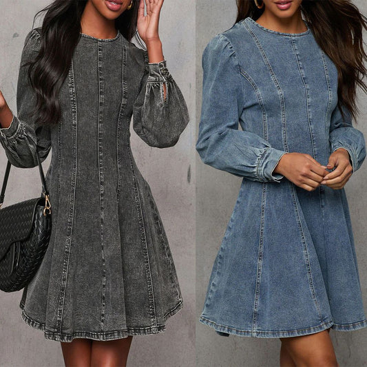 Elegant Denim Long Sleeve Dress with Waist Tie