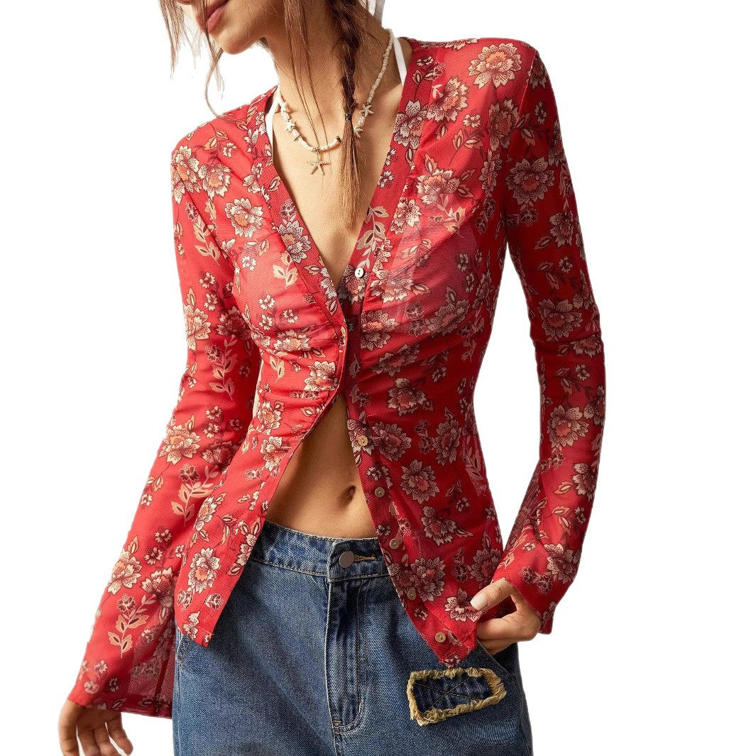 Elegant Floral Print V- Neck Long Sleeve Blouse