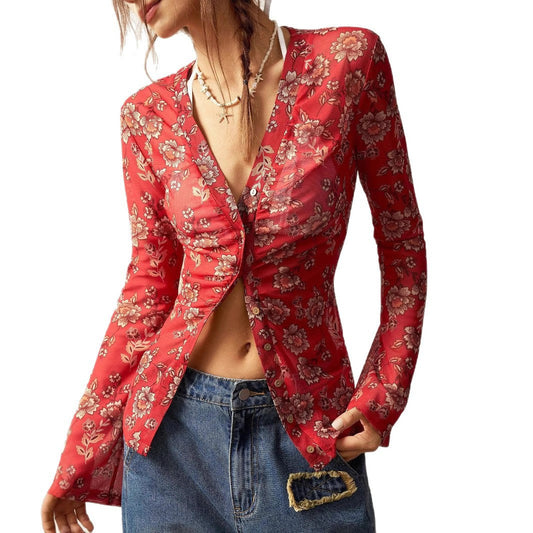 Elegant Floral Print V- Neck Long Sleeve Blouse