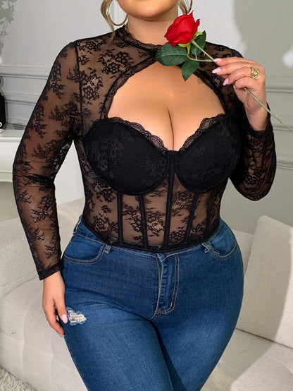 Sexy Lace Mesh Bodysuit With Boning For Curvy Women
