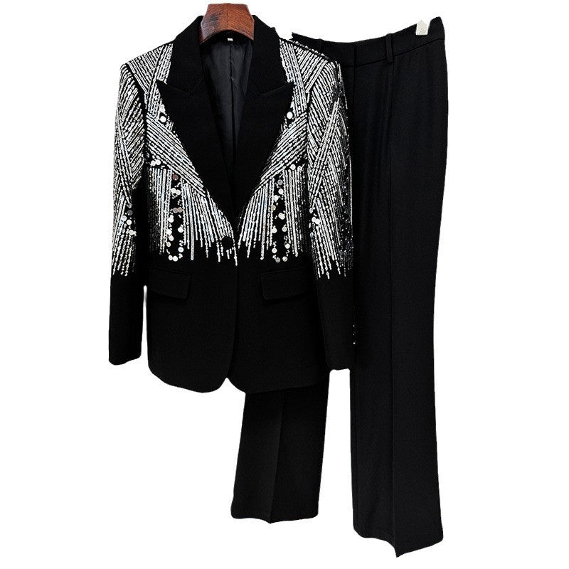 Beaded Sequin Suit Set Long Pants Elegant Street Style