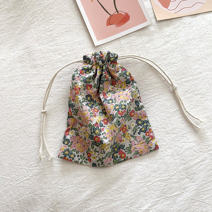 Mini Cotton Drawstring Makeup Pouch Cute Floral Travel Bag
