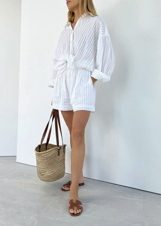 Striped Cotton Shirt And Shorts Set White