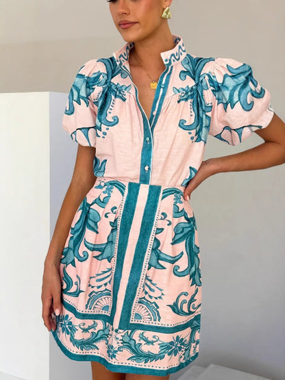 Linen Floral Puff Sleeve Short Skirt Set