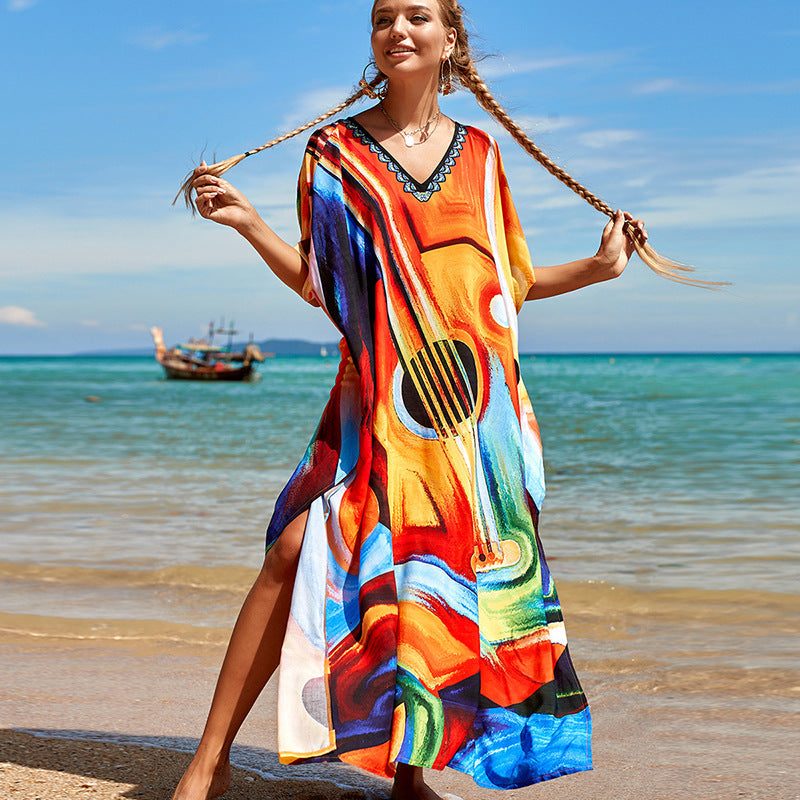 Printed Beach Skirt Loose Robe Seaside Holiday Bikini Swimsuit Smock Sunscreen Blouse Women
