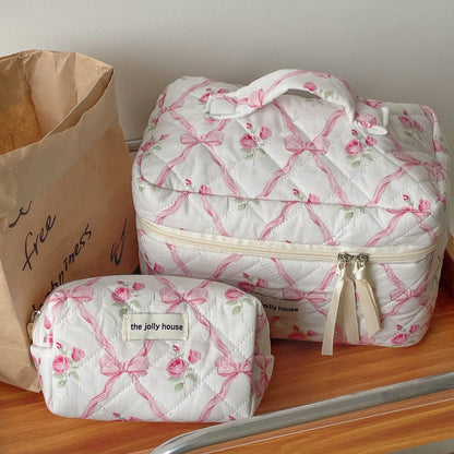 Bow Flower Large Capacity Makeup Bag Vintage Quilted Toiletry Pouch