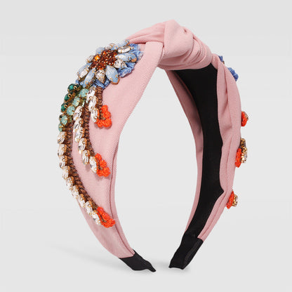 Stylish Hand-Stitched Embroidered Flowers Fabric Headband Personality Creative Diamond-Encrusted Knotted Headband For Women