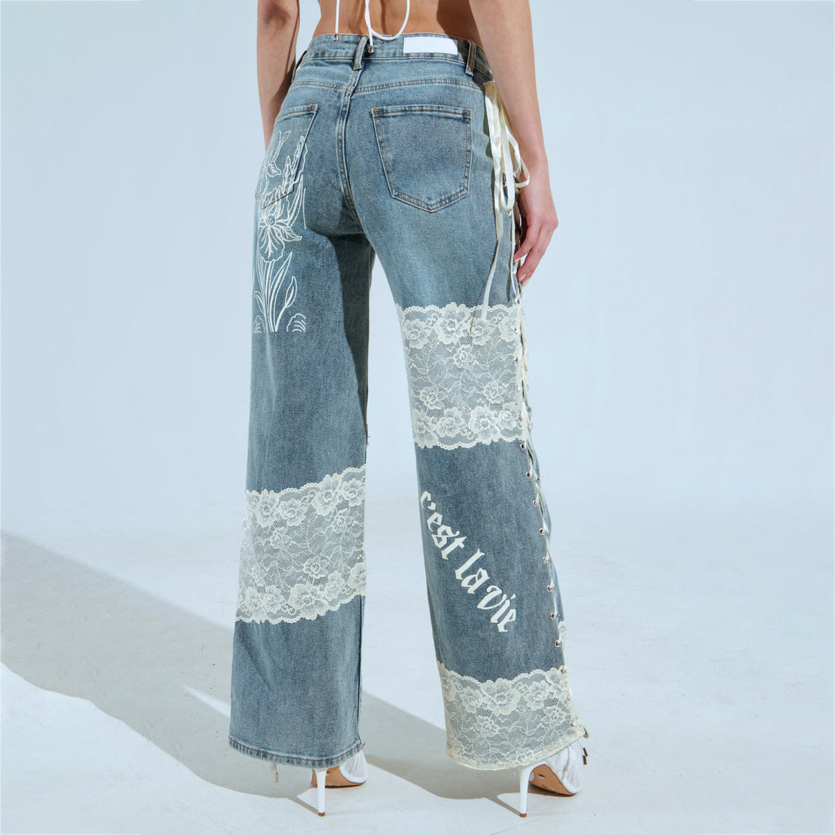 Lace Splicing Low Rise Straight Leg Jeans