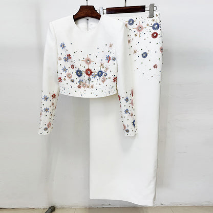 Trendy Beaded Short Jacket And Maxi Skirt Set