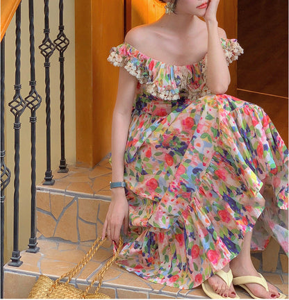 One Shoulder Tea Break Skirt Off-The-Shoulder Oil Painting Print Dress Women'S Spring
