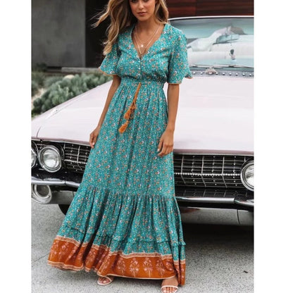 Bohemian Summer High Waist Lace Up V-Neck Loose Large Hem Dress Seaside Long Dress