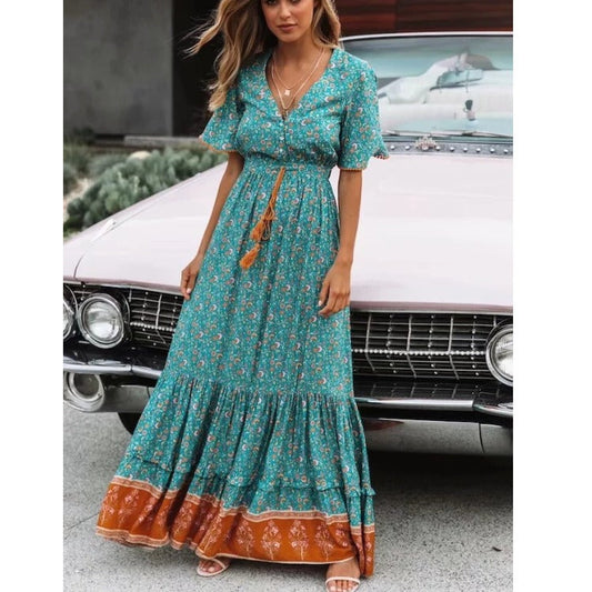Bohemian Summer High Waist Lace Up V-Neck Loose Large Hem Dress Seaside Long Dress