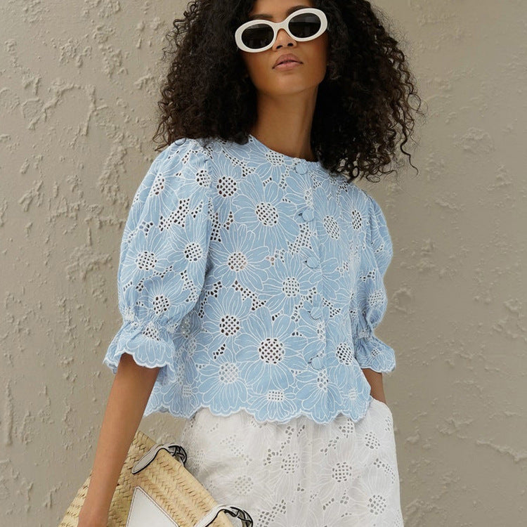 Embroidered Crop Top With Flared Sleeves