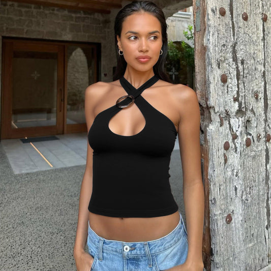 Trendy Sexy Crop Top with Hollow Design and Tie Straps