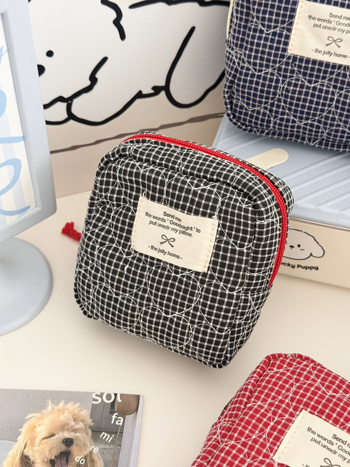 Color Block Heart Plaid Quilted Makeup Bag