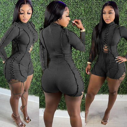 Trendy Solid Color Long Sleeve Jumpsuit With Pleat Design