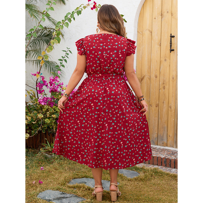 Elegant Red Floral Maxi Dress With V-Neck