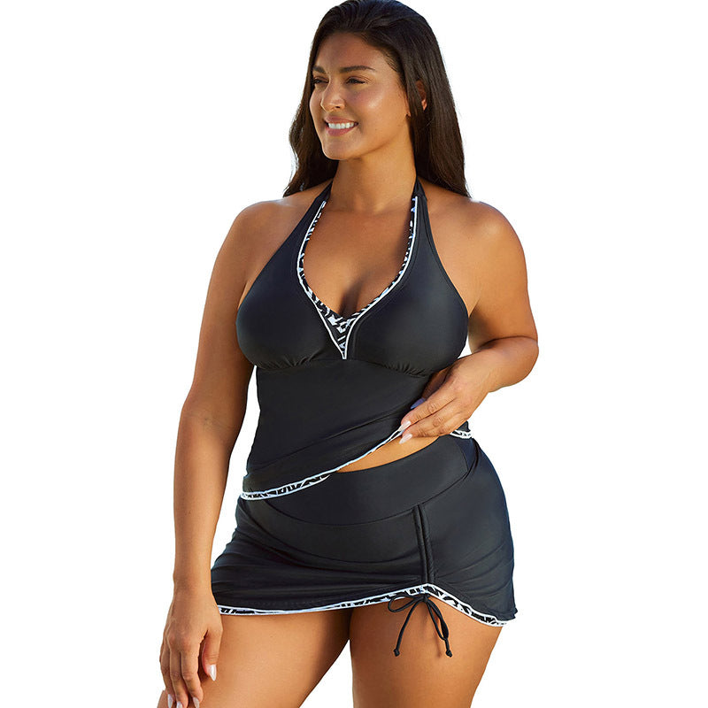 Halter Neck Swimsuit Women'S V-Neck Backless Sexy Fashion Solid Color Bikini Skirt Style Two-Piece Swimsuit