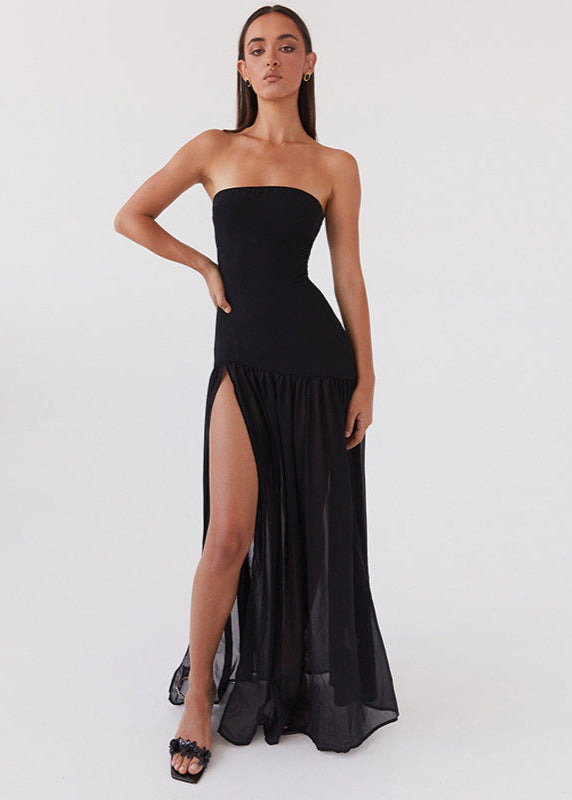 Strapless Black Maxi Dress with Sheer Skirt