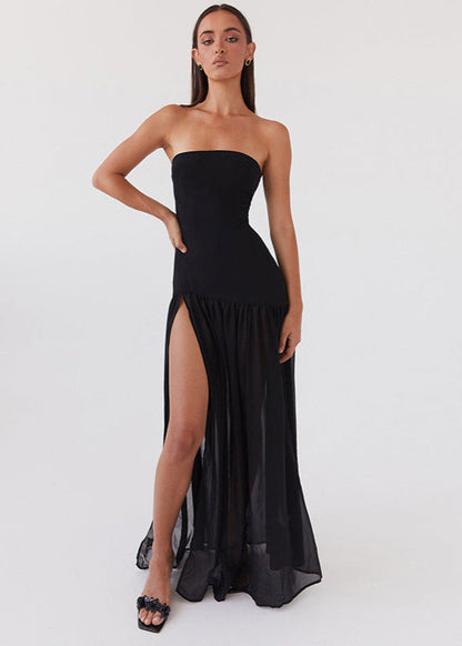 Strapless Black Maxi Dress with Sheer Skirt
