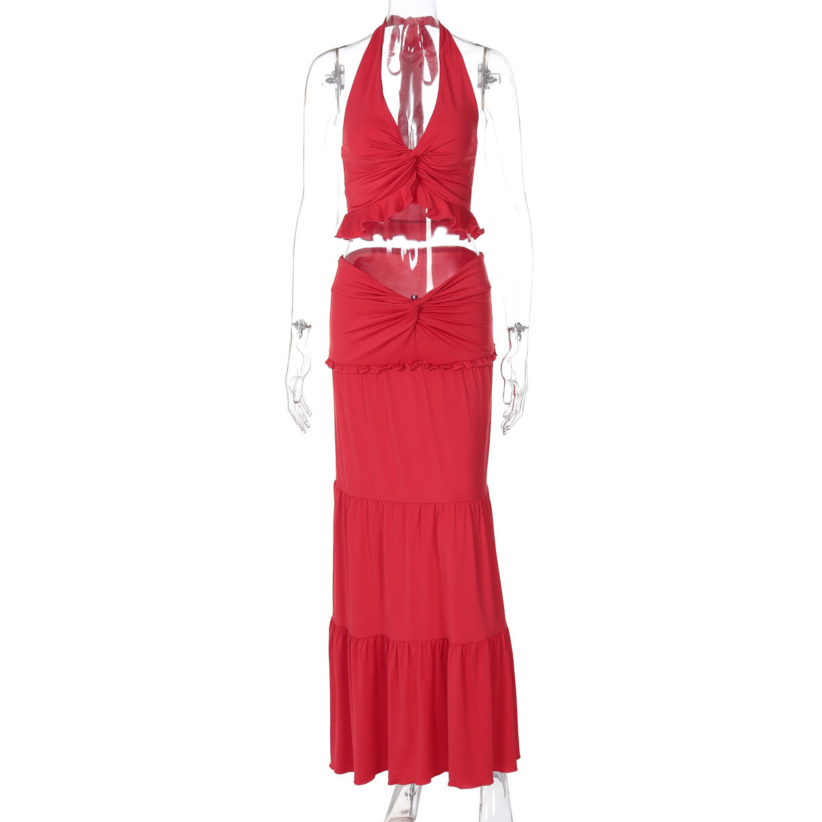 Sexy V-Neck Ruffle Hem Halter Maxi Dress Set