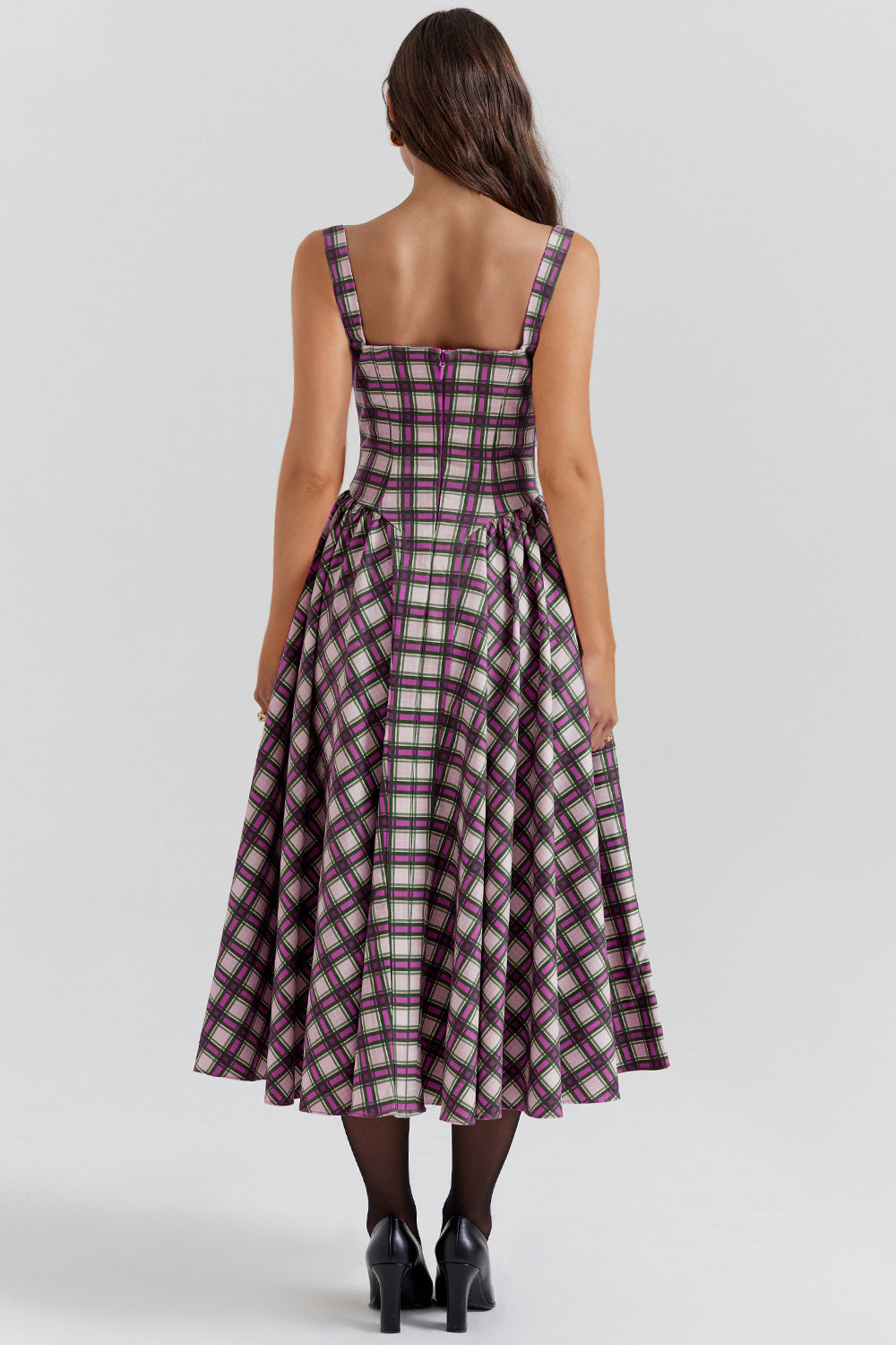 Vintage Plaid Pleated Spaghetti Dress