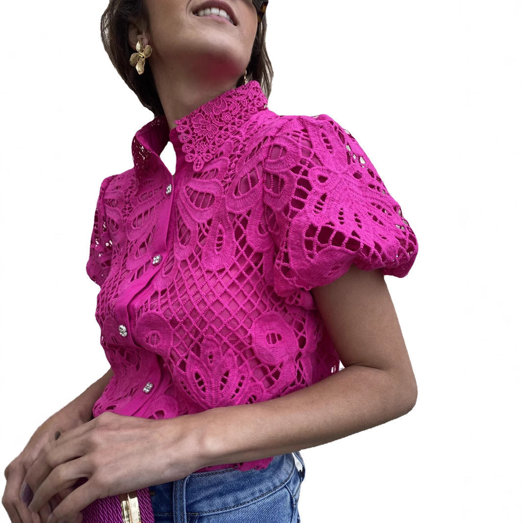 Lace Trim Cardigan Blouse with Puff Sleeves