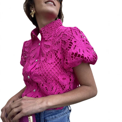 Lace Trim Cardigan Blouse with Puff Sleeves