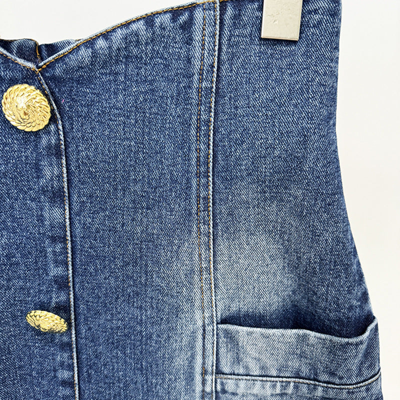 Denim High-Waisted Mini Skirt with Stitching Details