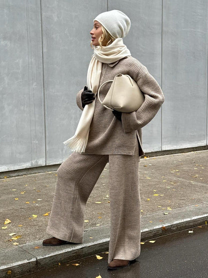 Half-Zip Knitted Sweater Set for Women Casual Chic Wide-Leg Pants