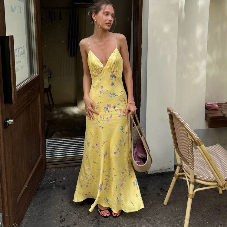 Deep V Floral Maxi Dress Women Sleeveless Shoulder Style