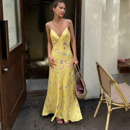 Deep V Floral Maxi Dress Women Sleeveless Shoulder Style
