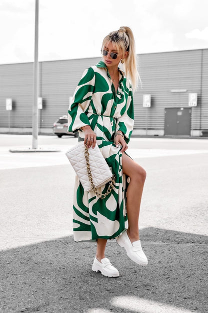Autumn New Digital Print Lace Up Long Sleeve Shirt Loose Casual Long Dress