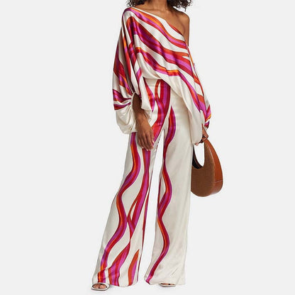 2025 Spring New Suit Printed Round Neck Loose Bat Sleeve Waist Wide Leg Pants Fashion Suit