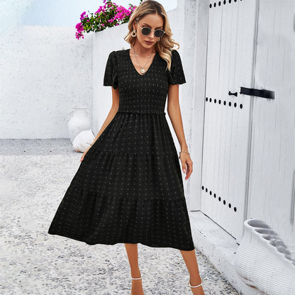 Polka Dot V-Neck Short Sleeve Dress Casual Elegant Polyester Dress