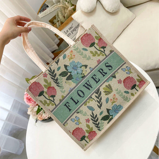 Embroidered Lily Flower Tote Bag Stylish High-Quality Linen Handbag