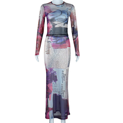 Sheer Mesh Two-Piece Set Long Sleeve Printed Top And Fitted Skirt