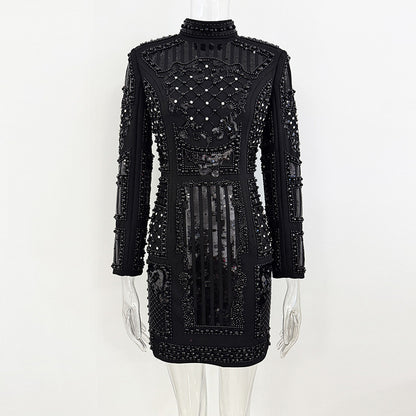 Elegant Sequin Bodycon Dress With Stand Collar