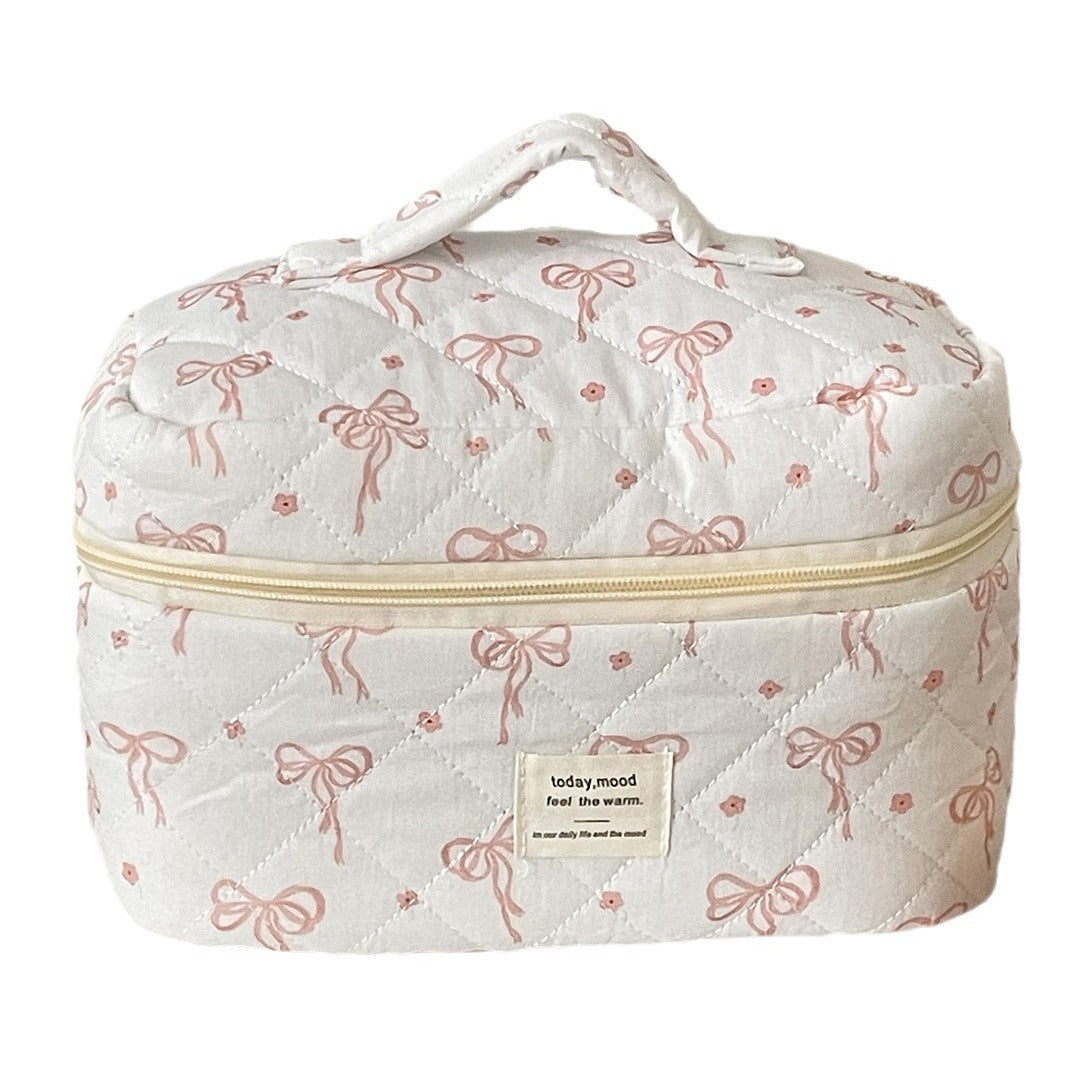 Sweet Bowknot Makeup Bag Quilted Portable Beauty Organizer