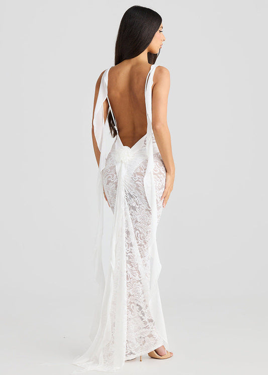 Sheer Lace Backless Maxi Dress White