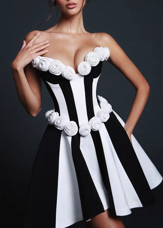 Strapless Satin Rosette Mini Dress Black White