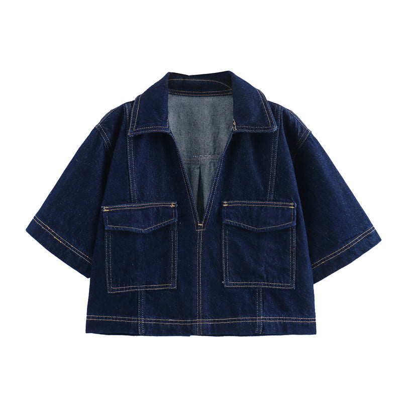 Trendy Cropped Denim Shirt and Skort Set